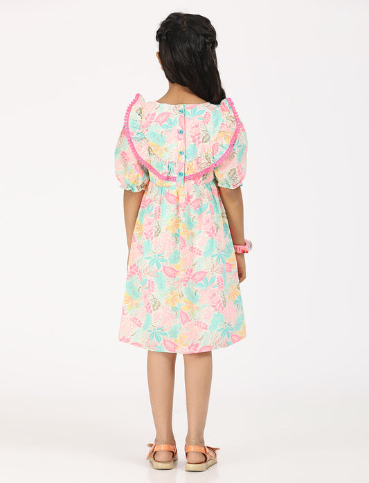 Zion Cotton Puff Sleeves Floral Printed Halfmoon Yoke Dress - Off White