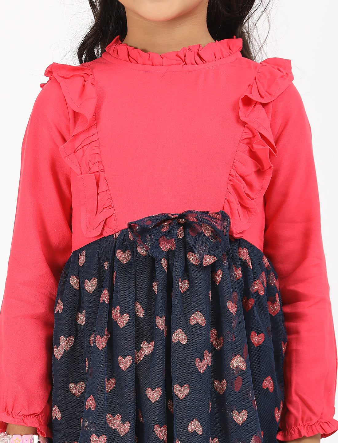 Zion Full Sleeves Party wear Dress with Solid Bodice & Printed Bottom Fit and Flare - Fuchsia