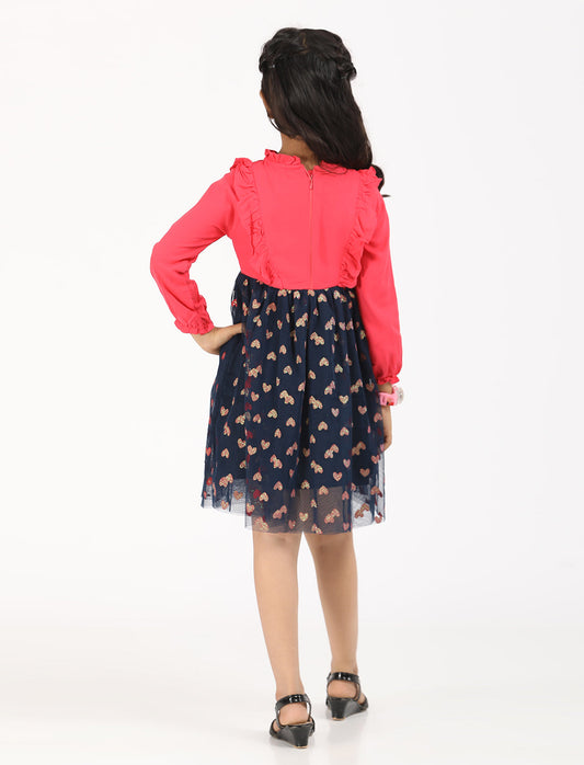 Zion Full Sleeves Party wear Dress with Solid Bodice & Printed Bottom Fit and Flare - Fuchsia