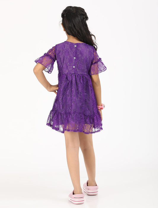 Zion Floral Lace Bell sleeves Fit and Flaer Dress - Purple