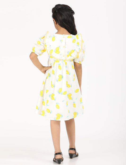 Zion Cotton Puff Sleeves Tropical Printed Halfmoon Yoke Dress - Yellow