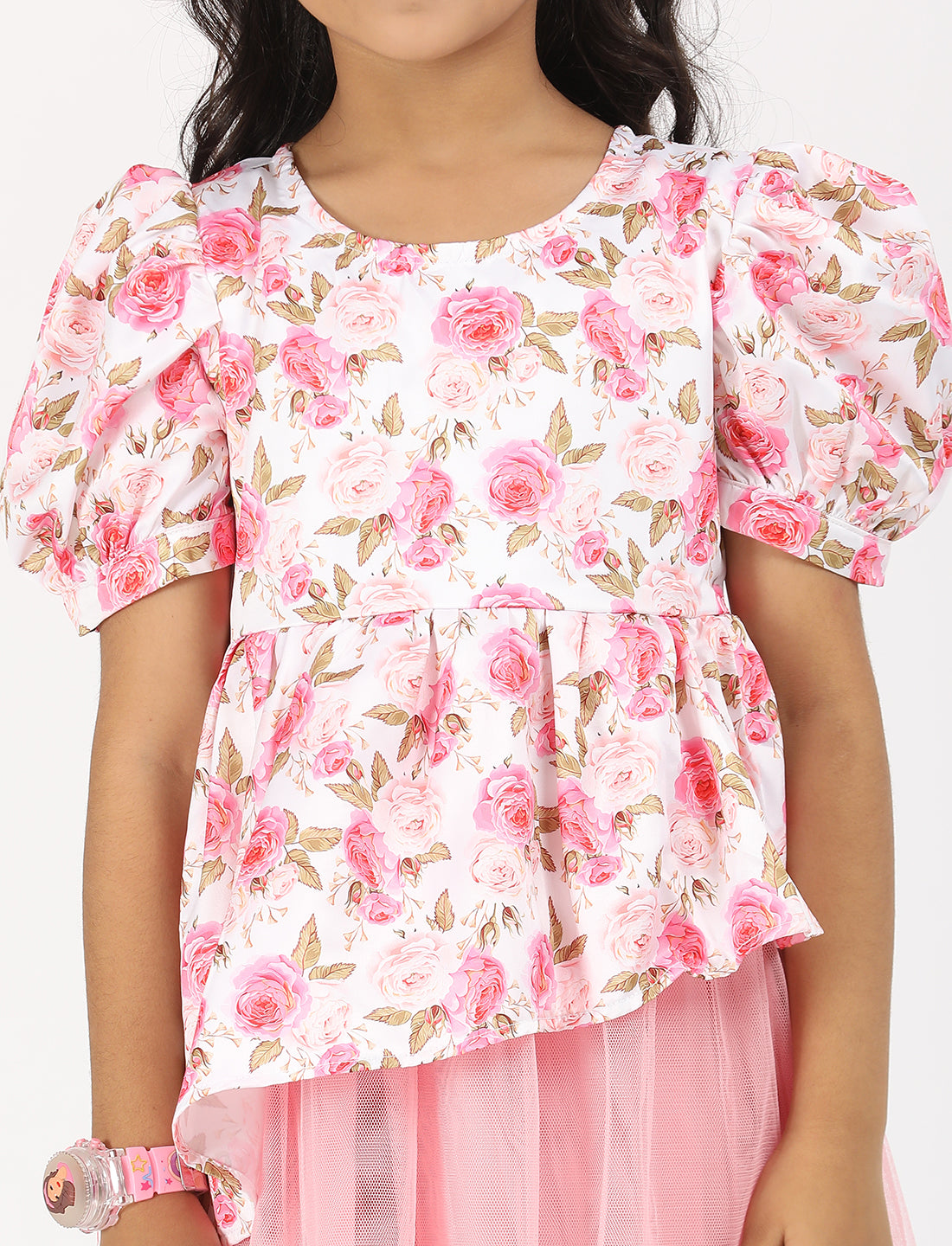 Zion Satin with High Low Waist and Flared Mesh bottom Half Sleeves Party wear Dress - Lt Pink