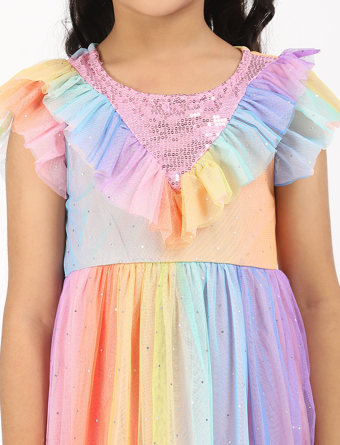 Zion Mesh Cap Sleeves Rainbow printed Sequence Bodice Party wear Dress - Multi