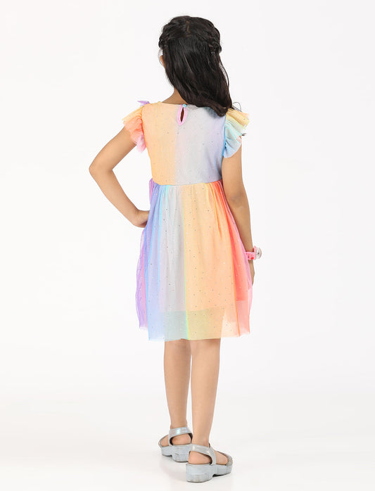 Zion Mesh Cap Sleeves Rainbow printed Sequence Bodice Party wear Dress - Multi