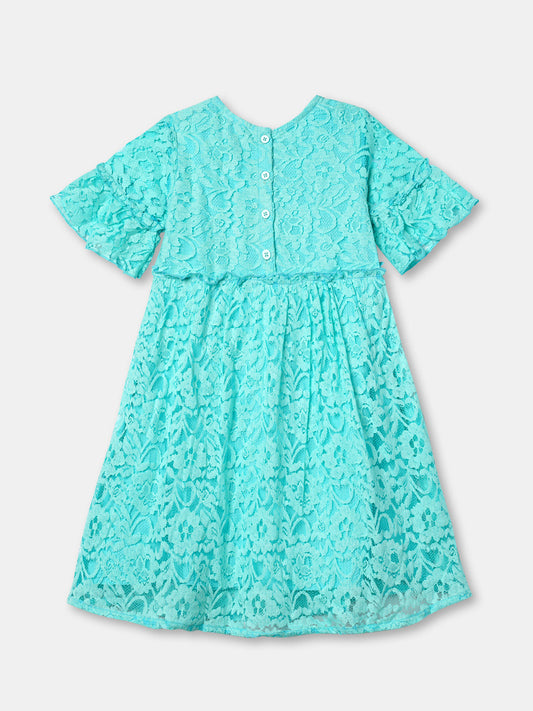 Zion Girls Lace Dress with Bell Sleeves & Ruffles - Aqua