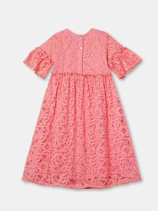 Zion Girls Lace Dress with Bell Sleeves & Ruffles - Pink