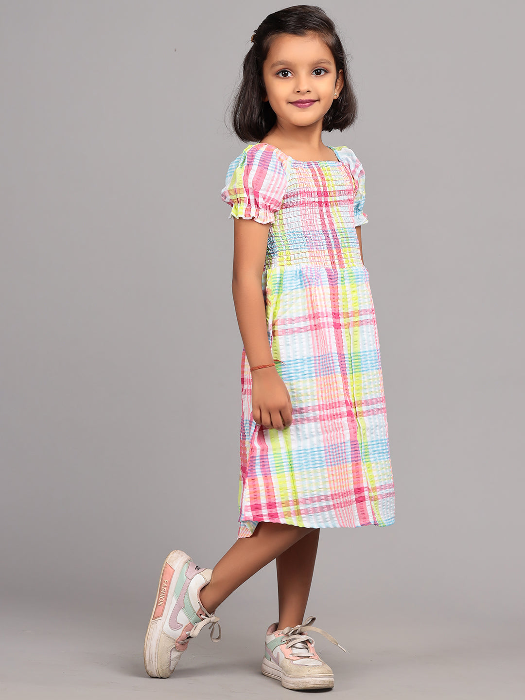Zion Girls Printed Smocked Fit and Flare Dress-Multi