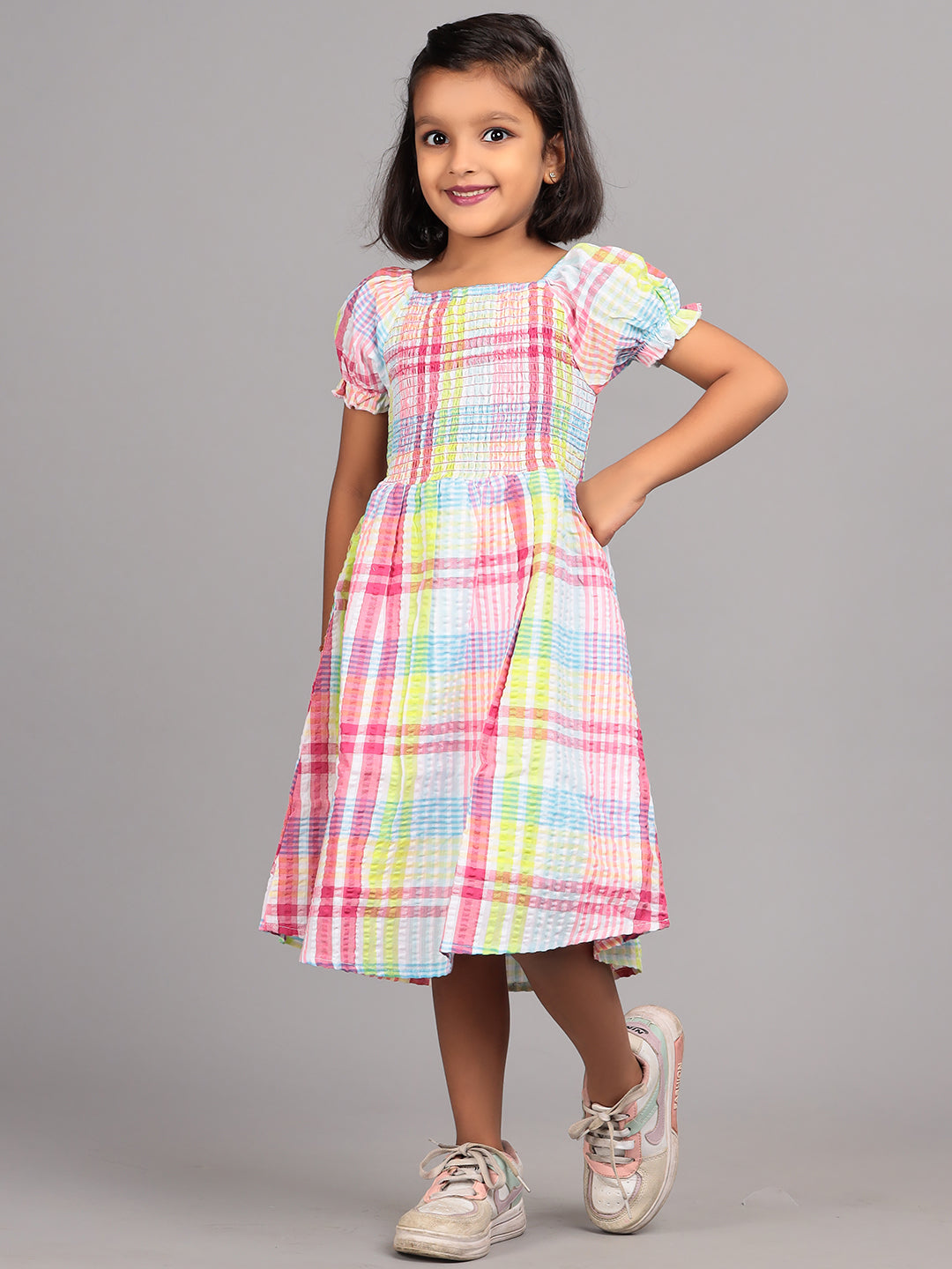Zion Girls Printed Smocked Fit and Flare Dress-Multi