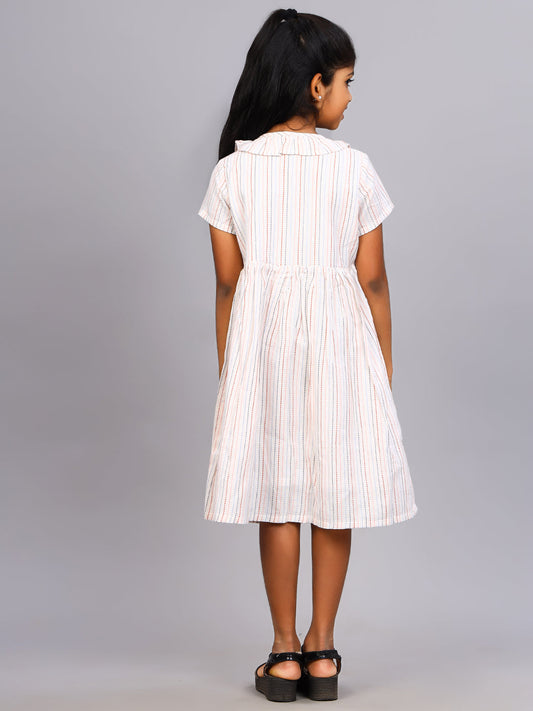 Zion Girls Printed Fit and Flare Dress with Front Placket and Ruffles highlight.-White