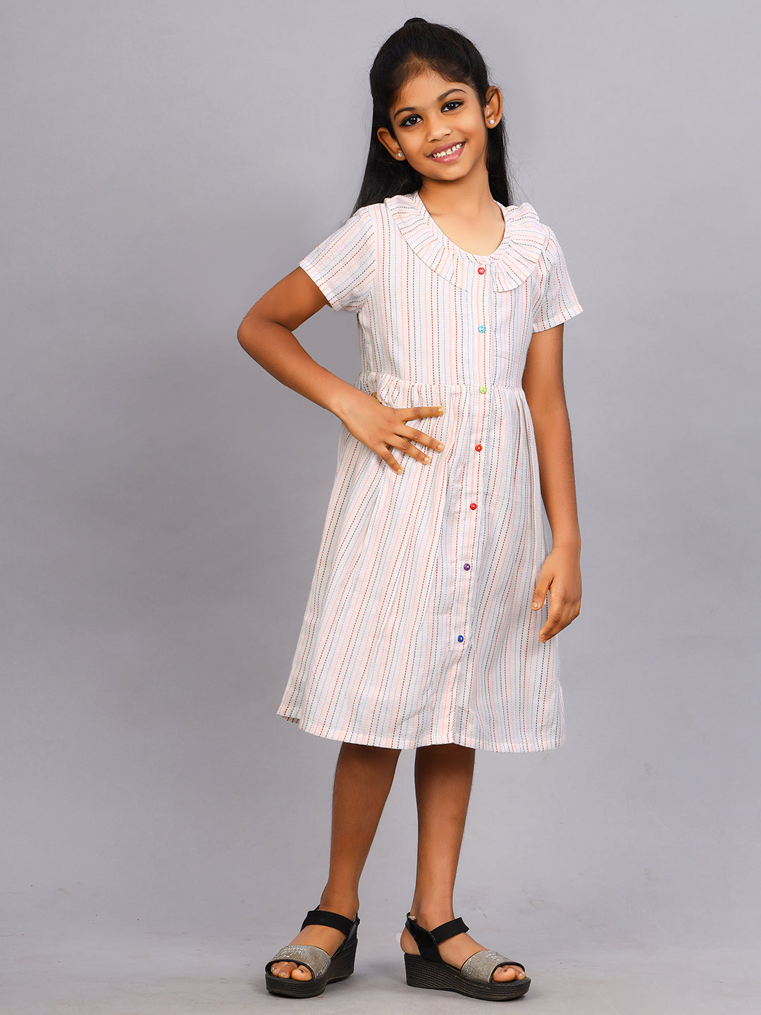 Zion Girls Printed Fit and Flare Dress with Front Placket and Ruffles highlight.-White