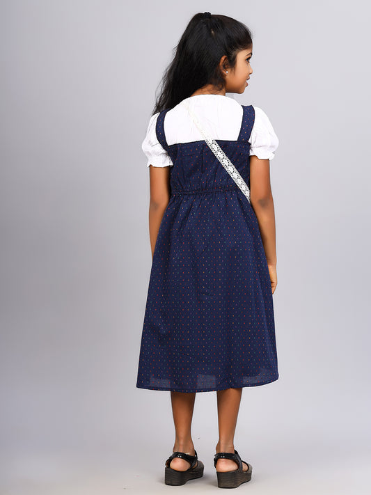 Zion Girls Printed Fit and Flare Dress with pleated bodice & Purse-Navy
