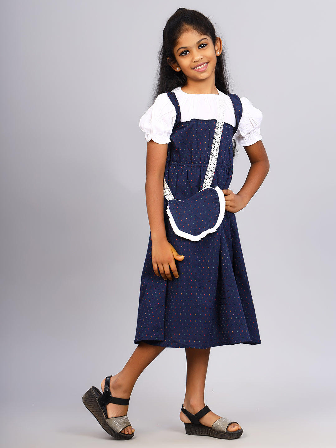 Zion Girls Printed Fit and Flare Dress with pleated bodice & Purse-Navy