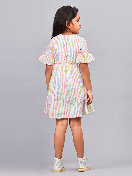 Zion Girls A line Dress in Seer Sucker Fabric with Bell sleeves & Ruffle Highlights in waist line-Pink