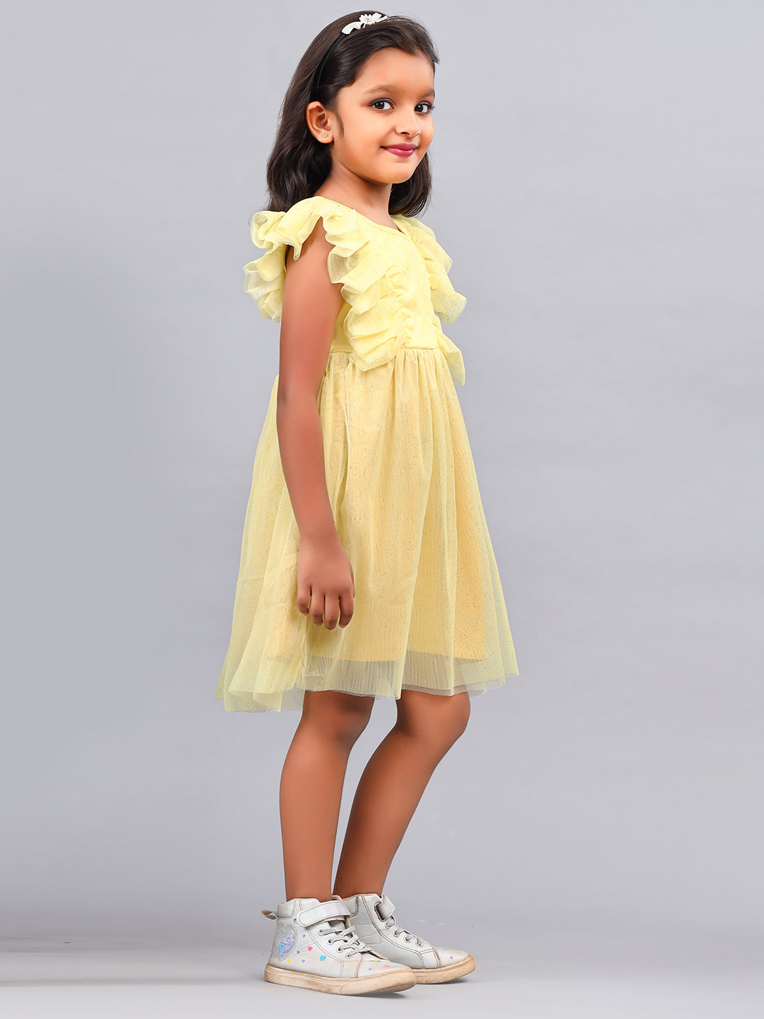 Zion Girls Fit and Flare Dress in Shimmer Mesh & Ruffle Highlights-Yellow