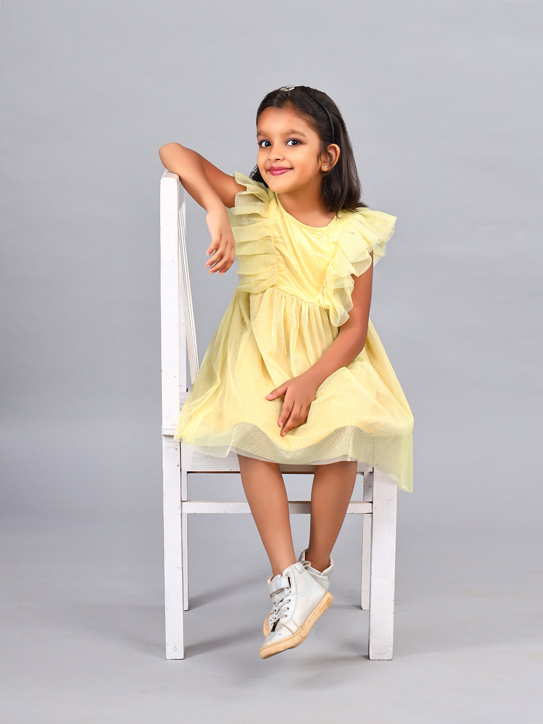 Zion Girls Fit and Flare Dress in Shimmer Mesh & Ruffle Highlights-Yellow