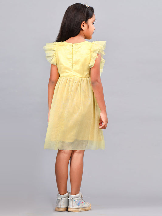 Zion Girls Fit and Flare Dress in Shimmer Mesh & Ruffle Highlights-Yellow