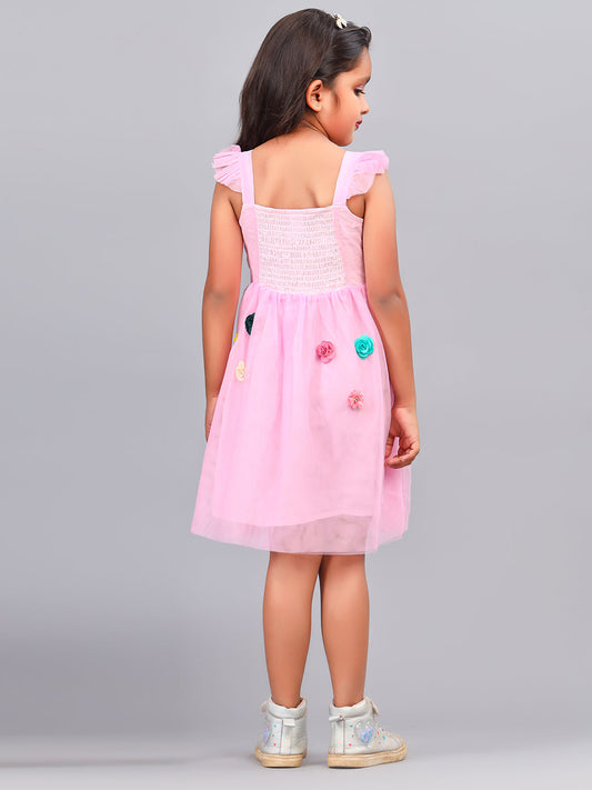 Zion Girls Skater Dress with 3d flower & Smocking Highlight-Lt Pink