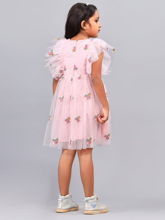 Zion Girls Skater Dress in all over embroidered mesh-Peach