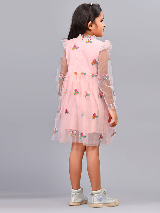 Zion Girls All Over Emboidered Flared Dress with Ruffled Neck-Peach