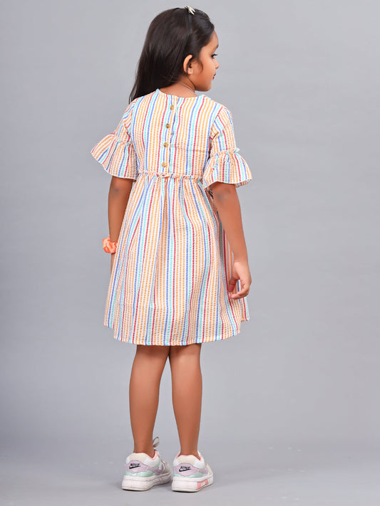 Zion Girls A line Dress in Seer Sucker Fabric with Bell sleeves & Ruffle Highlights in waist line-Mustard