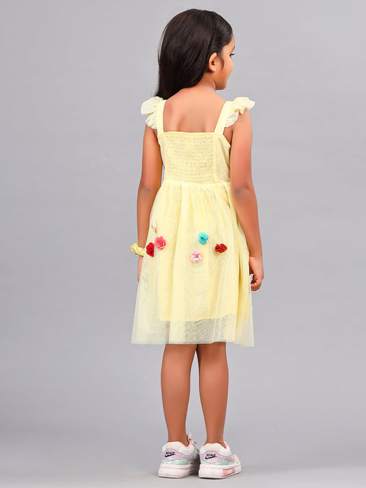 Zion Girls Skater Dress with 3d flower & Smocking Highlight-Yellow