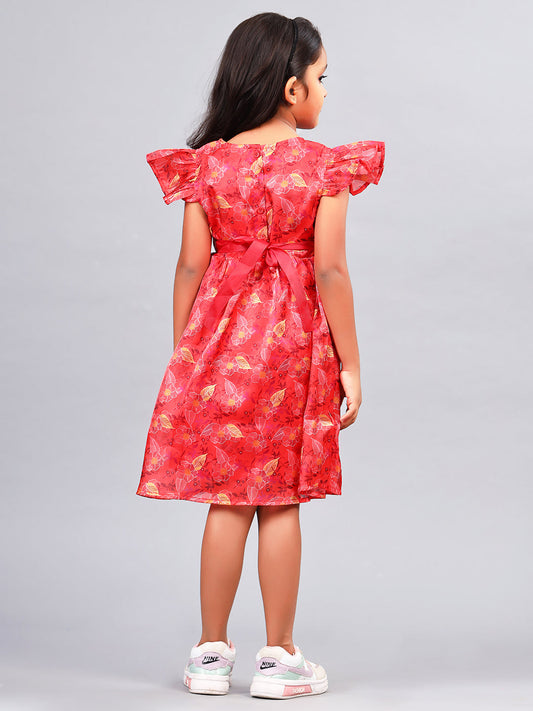 Zion Melonin Satin Flared sleeve Printed Fit and Flare Dress - Red