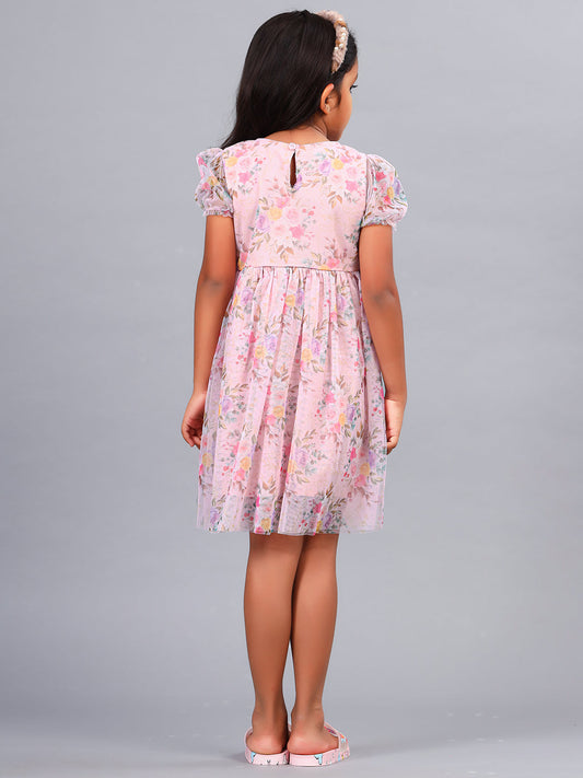 Zion Girls Fit and Flare Dress in All Over Printed Floral Mesh -Peach
