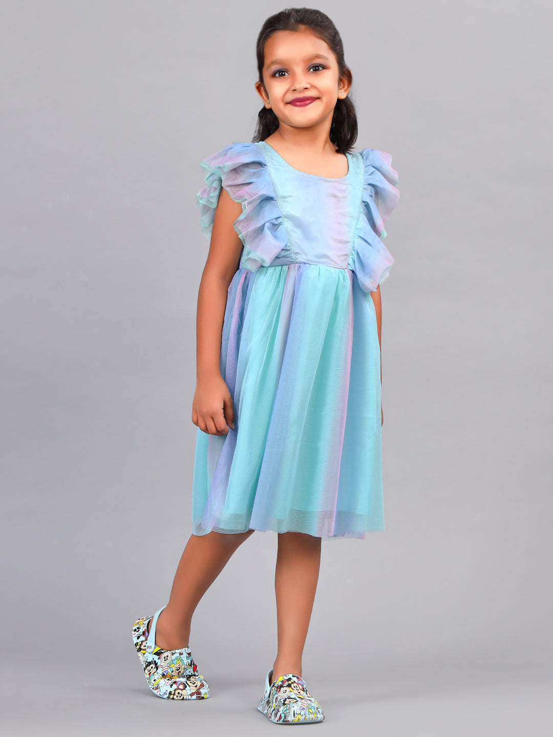 Zion Girls Fit and Flare Dress in Shimmer Mesh & Ruffle Highlights-Multi