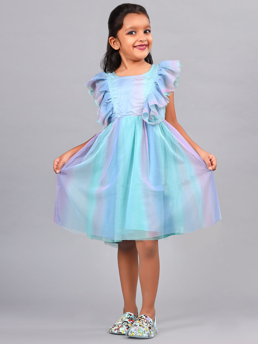 Zion Girls Fit and Flare Dress in Shimmer Mesh & Ruffle Highlights-Multi