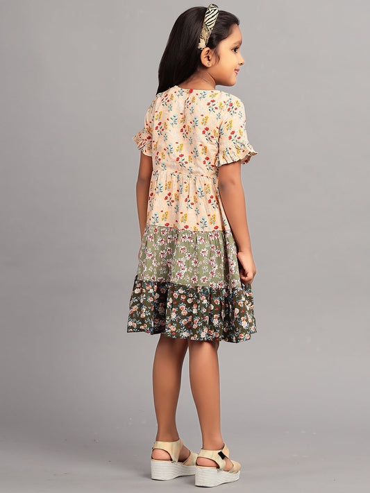 Zion Girls A line Tier dress with Bell Sleeves & Ruffle Highlights-Multi color