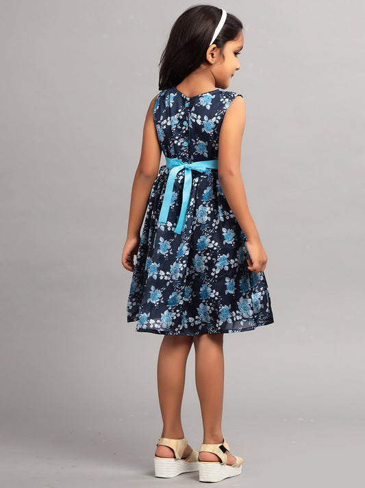 Zion Girls Fit and Flare Dress in All Over Printed Soft Satin with Belt Highlights-Navy
