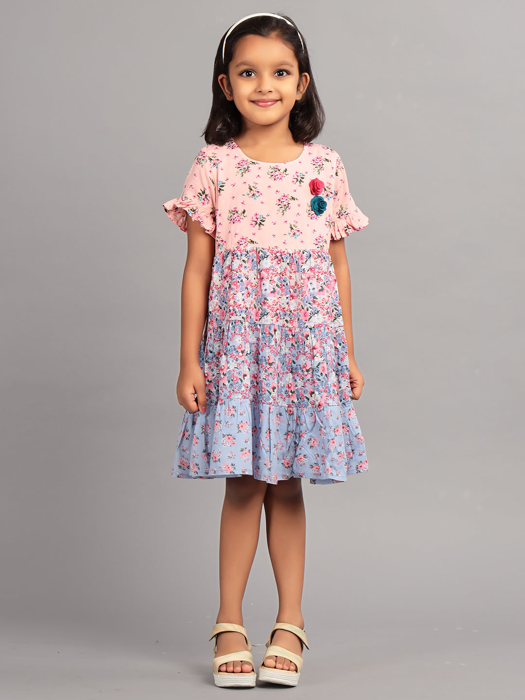 Zion Girls A line Tier dress with Bell Sleeves & Ruffle Highlights-Multi color