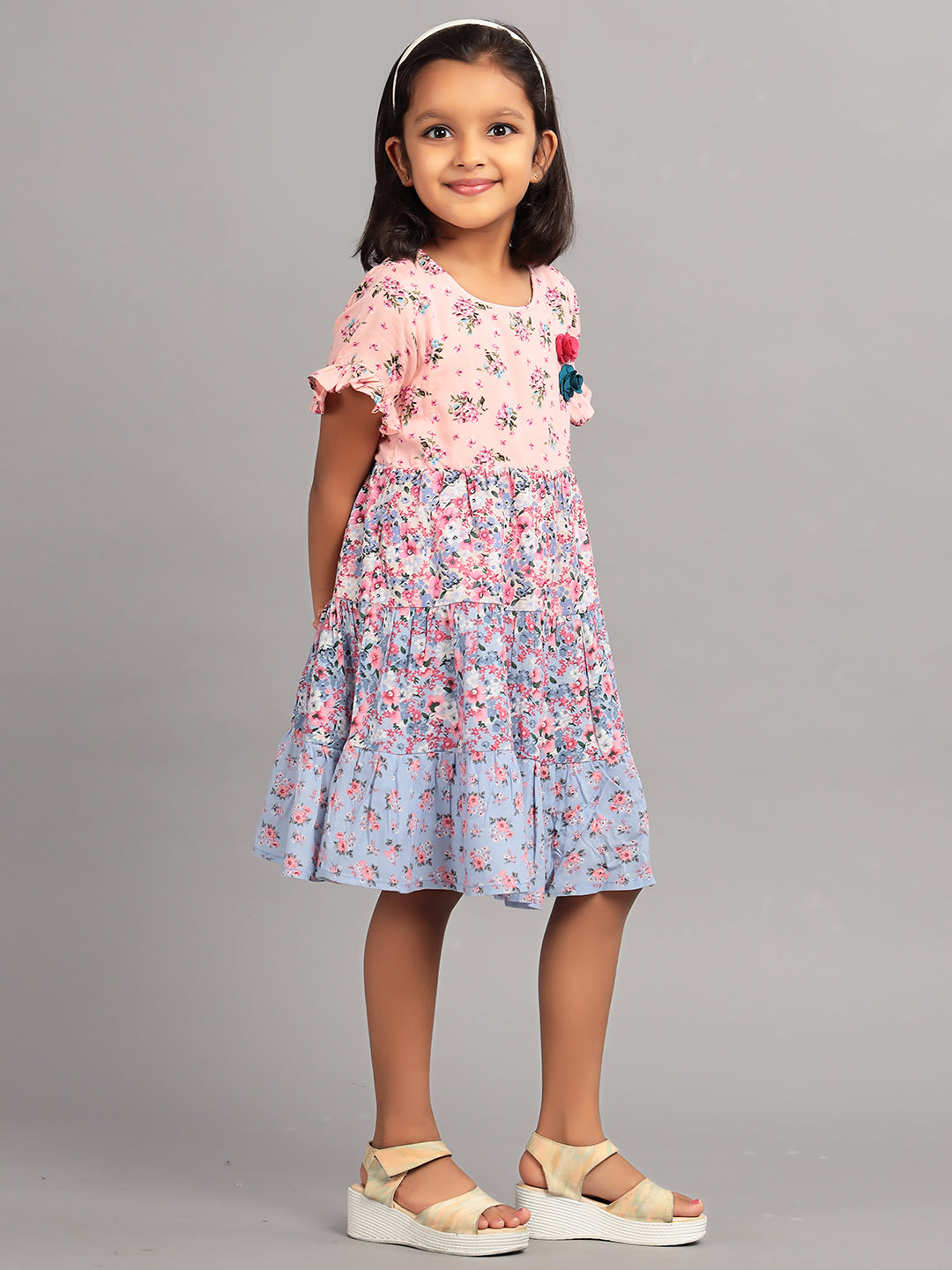 Zion Girls A line Tier dress with Bell Sleeves & Ruffle Highlights-Multi color