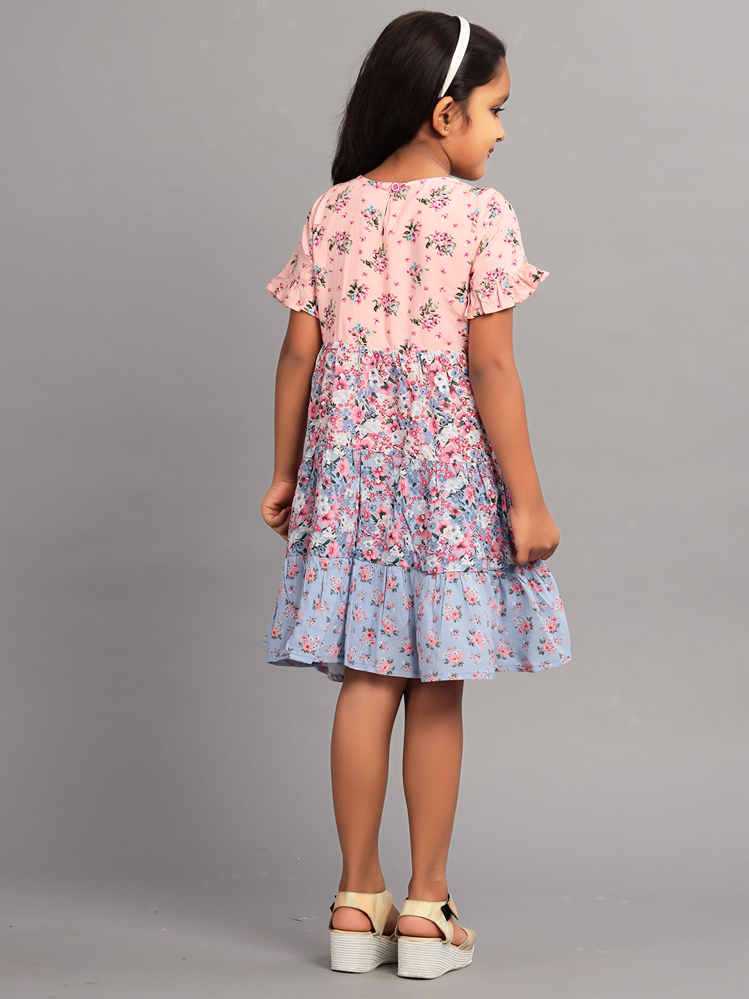Zion Girls A line Tier dress with Bell Sleeves & Ruffle Highlights-Multi color