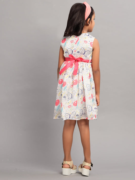 Zion Girls Fit and Flare Dress in All Over Printed Soft Satin with Belt Highlights-White