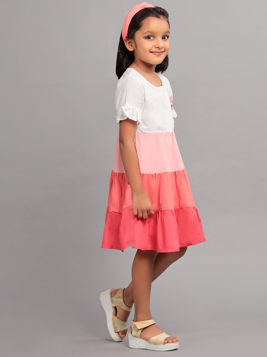 Zion Girls A line Tier dress with Bell Sleeves & Ruffle Highlights-Pink