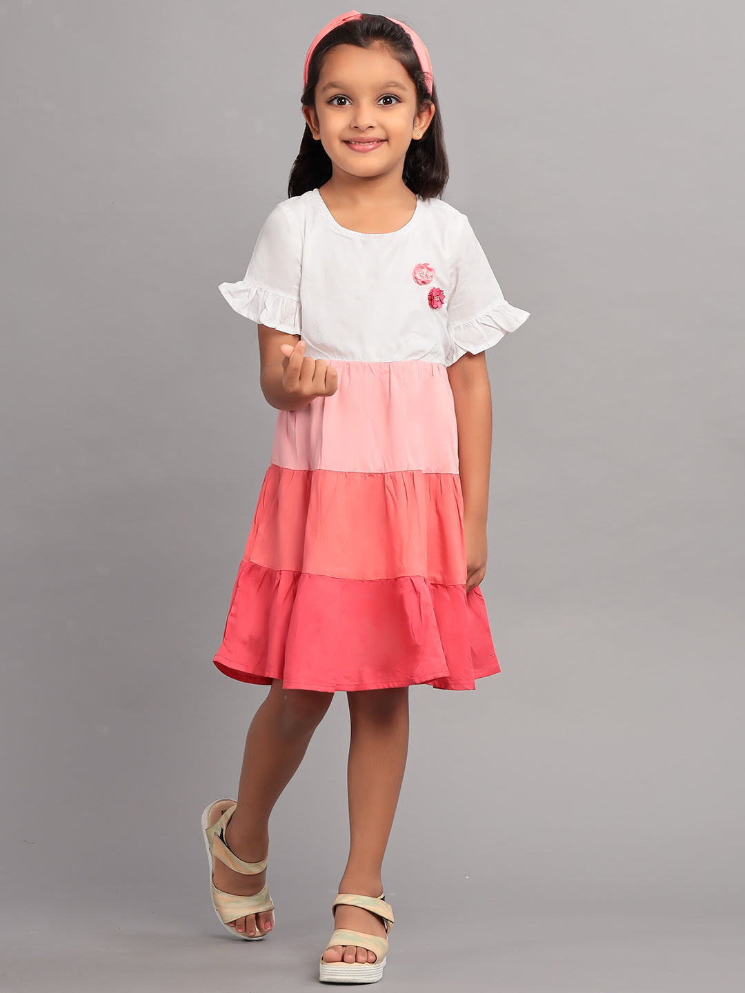 Zion Girls A line Tier dress with Bell Sleeves & Ruffle Highlights-Pink