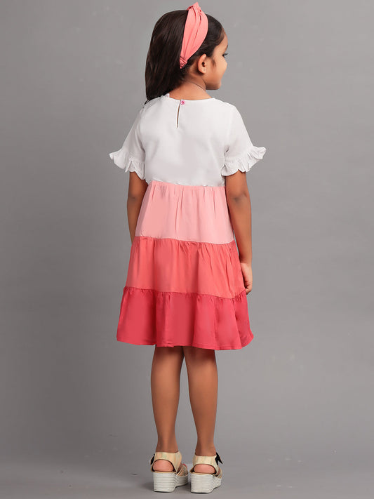 Zion Girls A line Tier dress with Bell Sleeves & Ruffle Highlights-Pink