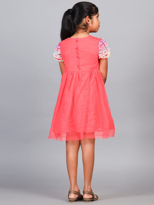 Zion Tulle Mesh Sleeve Ruffles Party wear Dress - Peach