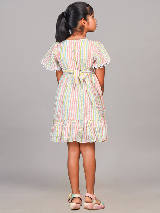 Zion Cotton Seersuckered Flared Sleeve Striped Dress - Multi