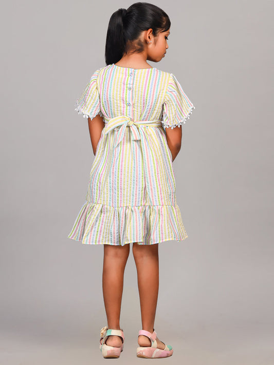 Zion Cotton Seersuckered Flared Sleeve Striped Dress - Yellow