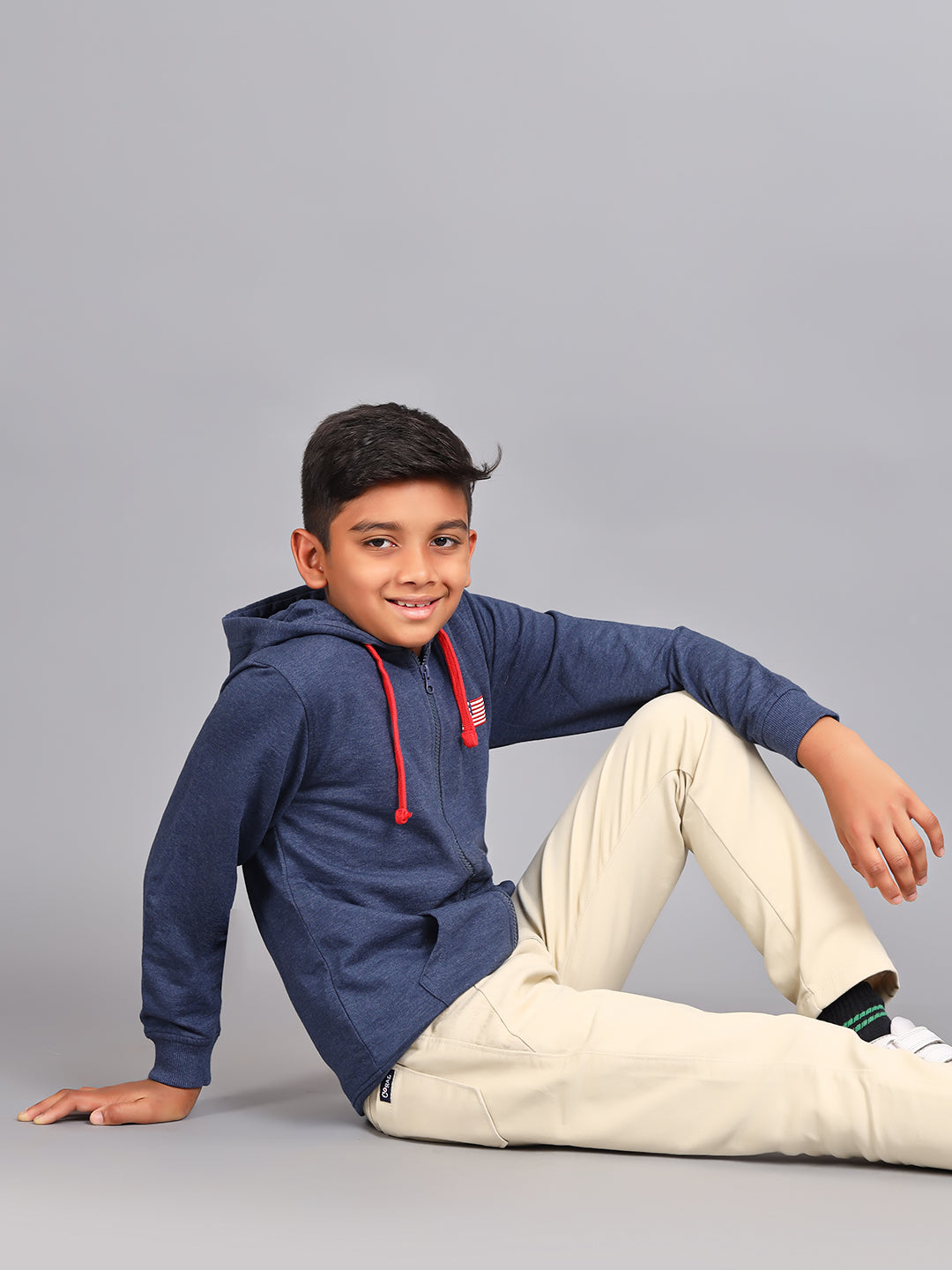 Zion Boys Solid Front Open Hooded Sweatshirt with Flag embroidery-Blue Melange