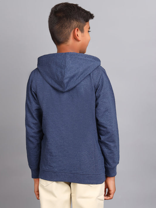 Zion Boys Solid Front Open Hooded Sweatshirt with Flag embroidery-Blue Melange
