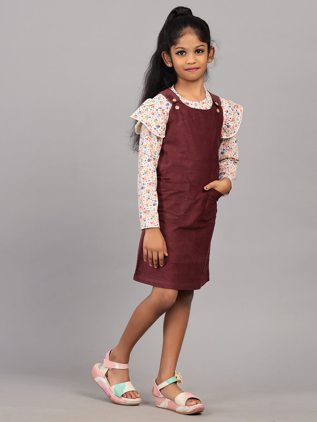 Zion Girls Dungaree Dress with Printed Tshirt-Maroon
