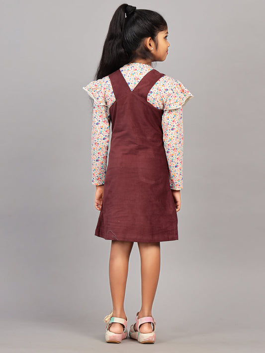 Zion Girls Dungaree Dress with Printed Tshirt-Maroon
