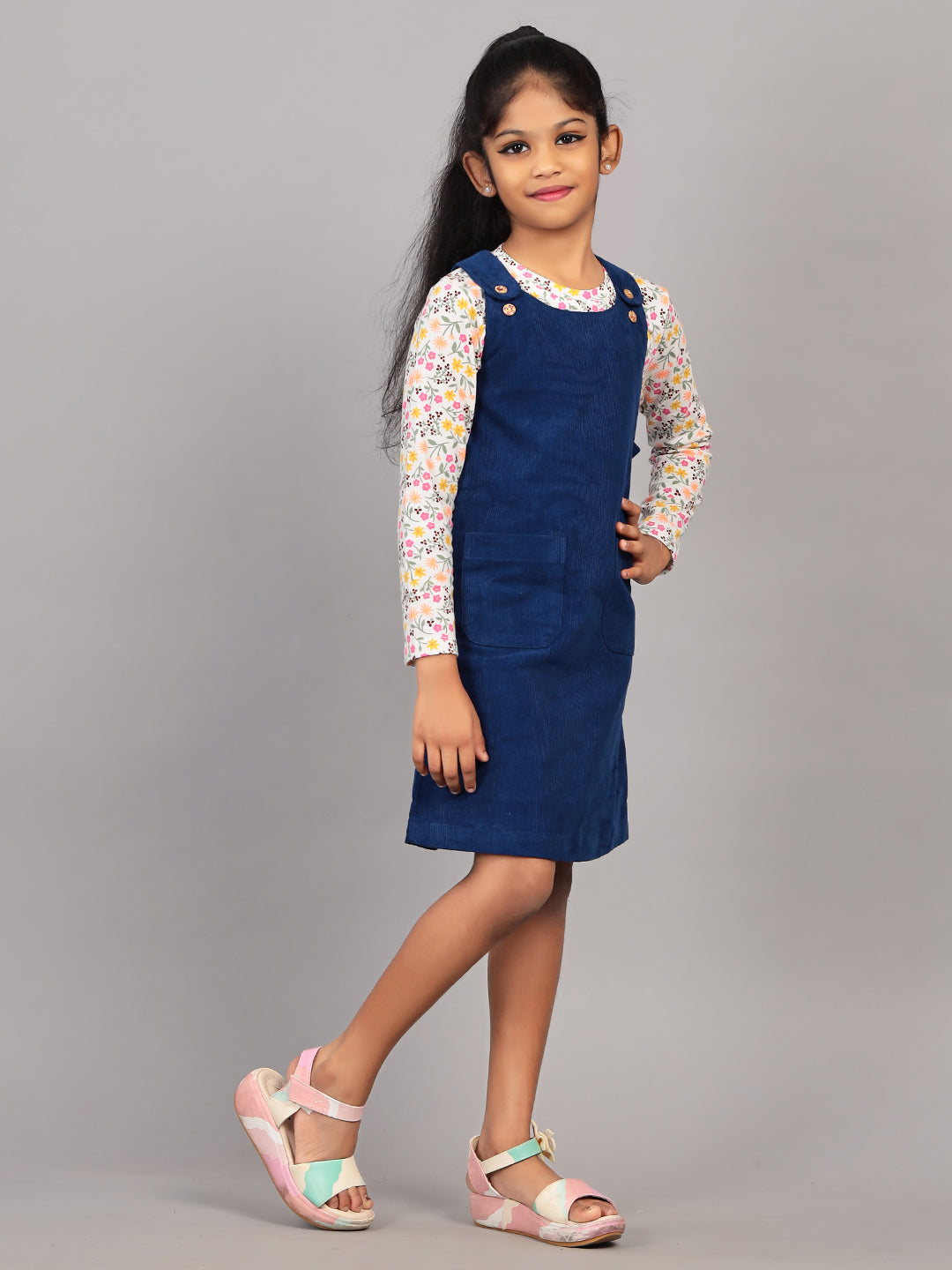 Zion Girls Dungaree Dress with Printed Tshirt-Navy
