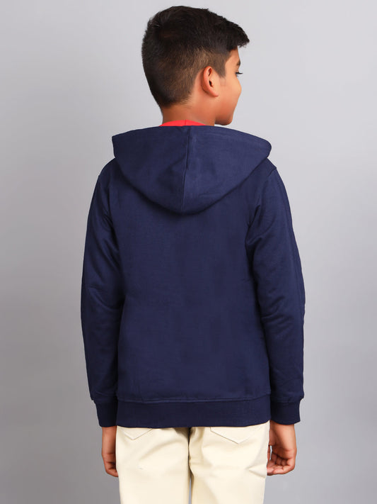 Zion Boys Solid Front Open Hooded Sweatshirt with embroidery-Navy
