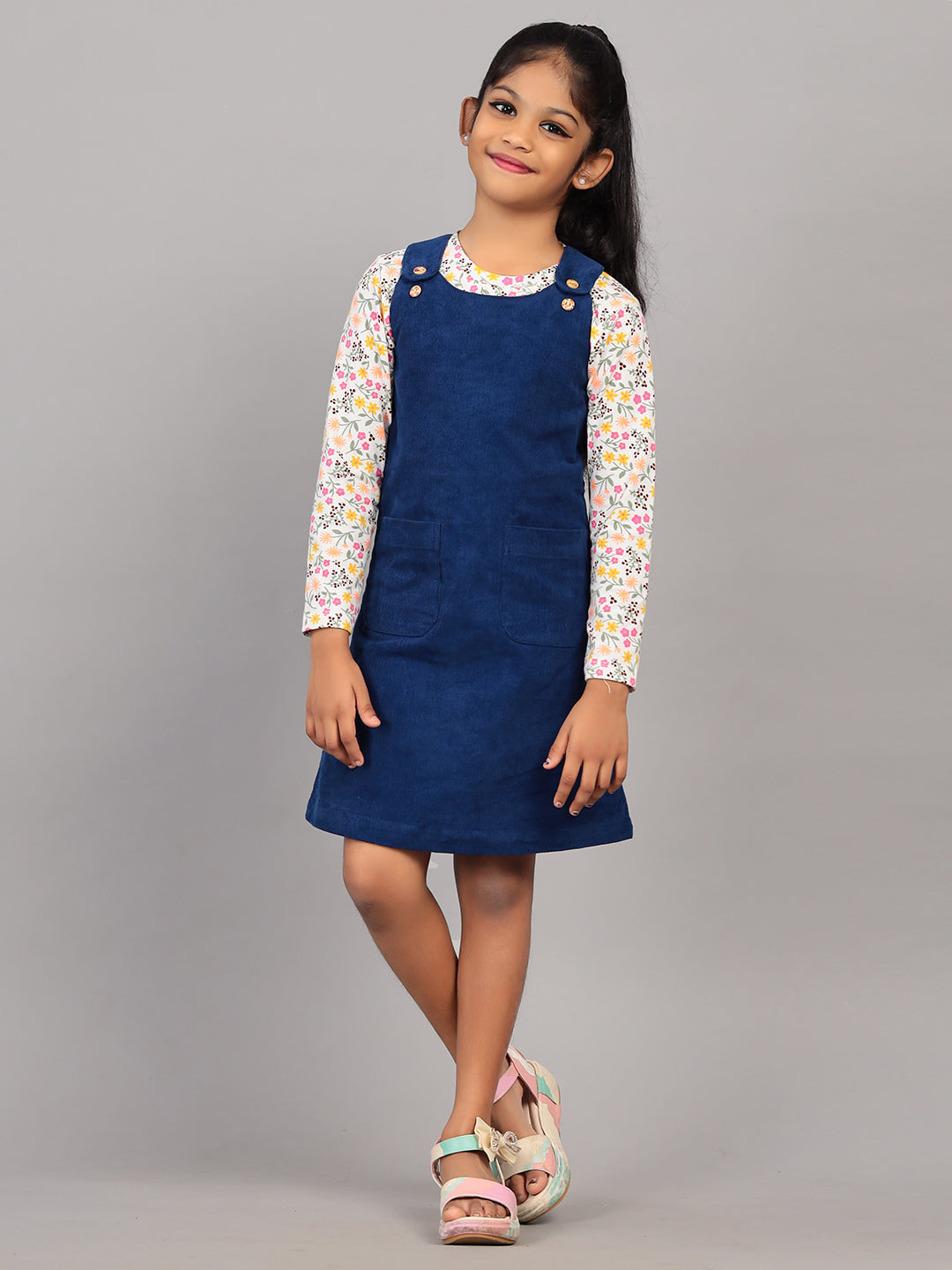 Zion Girls Dungaree Dress with Printed Tshirt-Navy
