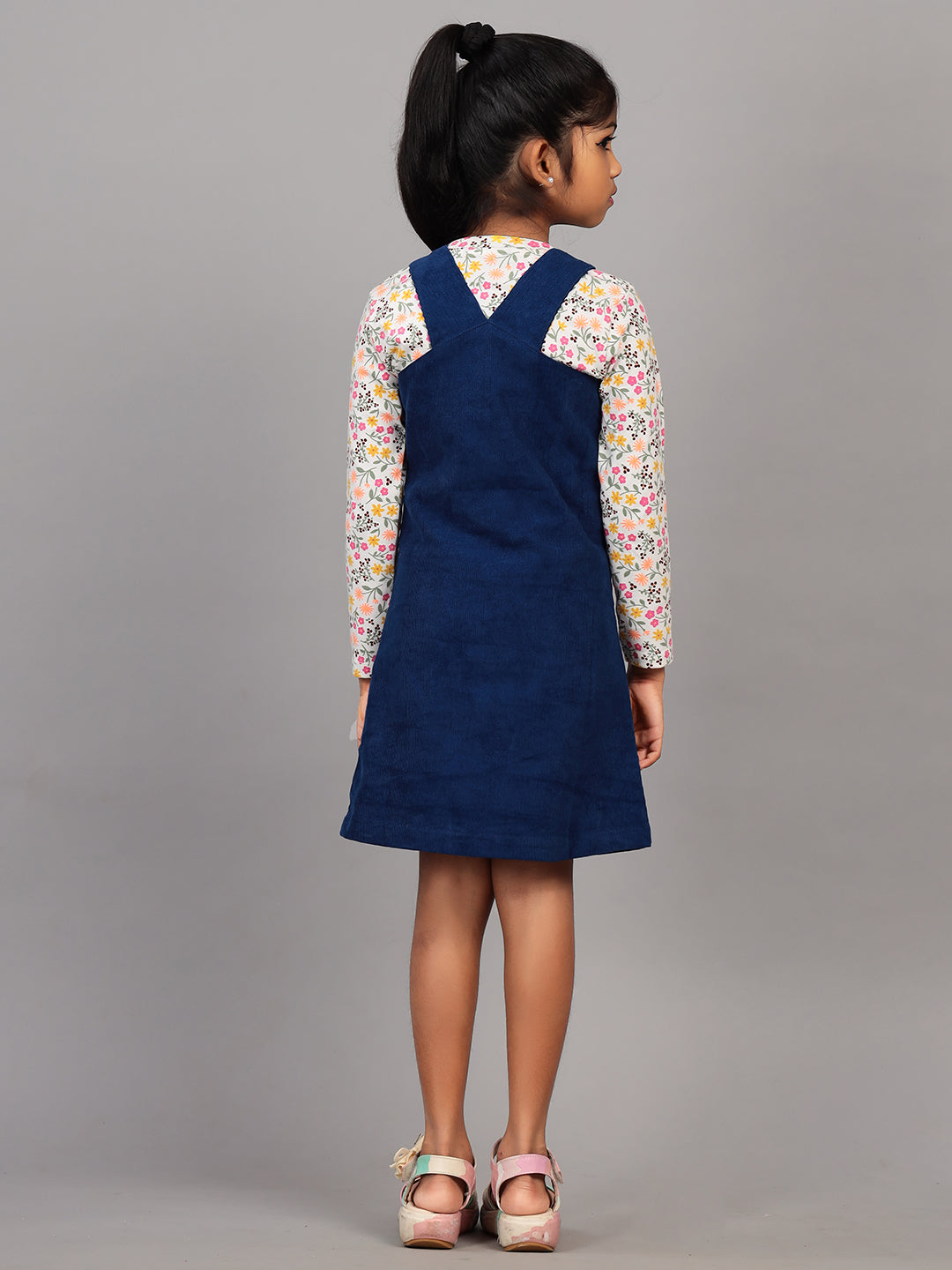 Zion Girls Dungaree Dress with Printed Tshirt-Navy