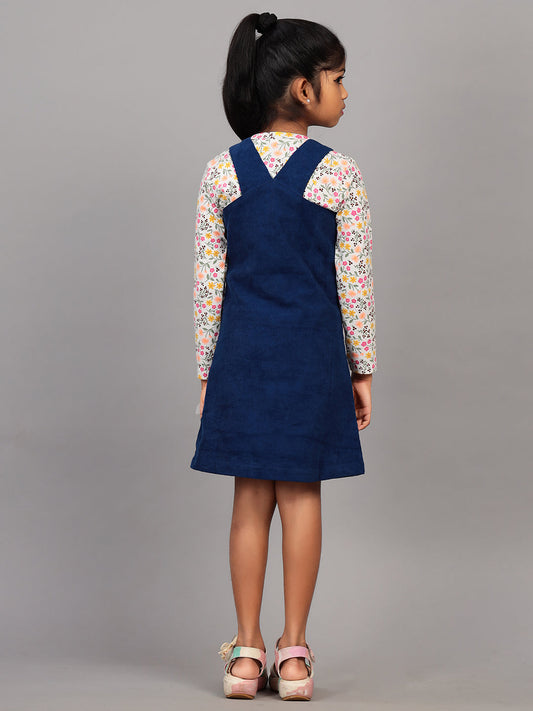 Zion Girls Dungaree Dress with Printed Tshirt-Navy